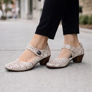 Rieker Metallic Perforated Leather Mary Jane Heels | Comfort Low Heel Shoes